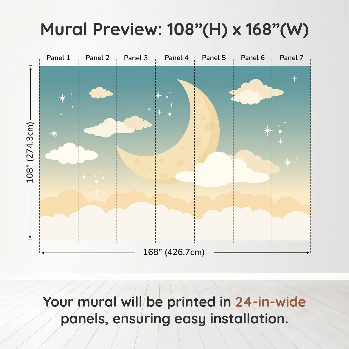 Whimsy Tots Night Sky Wall Muraldimension view (108" H x 168" W). Printed in seven 24-inch-wide panels. Gender-Neutral