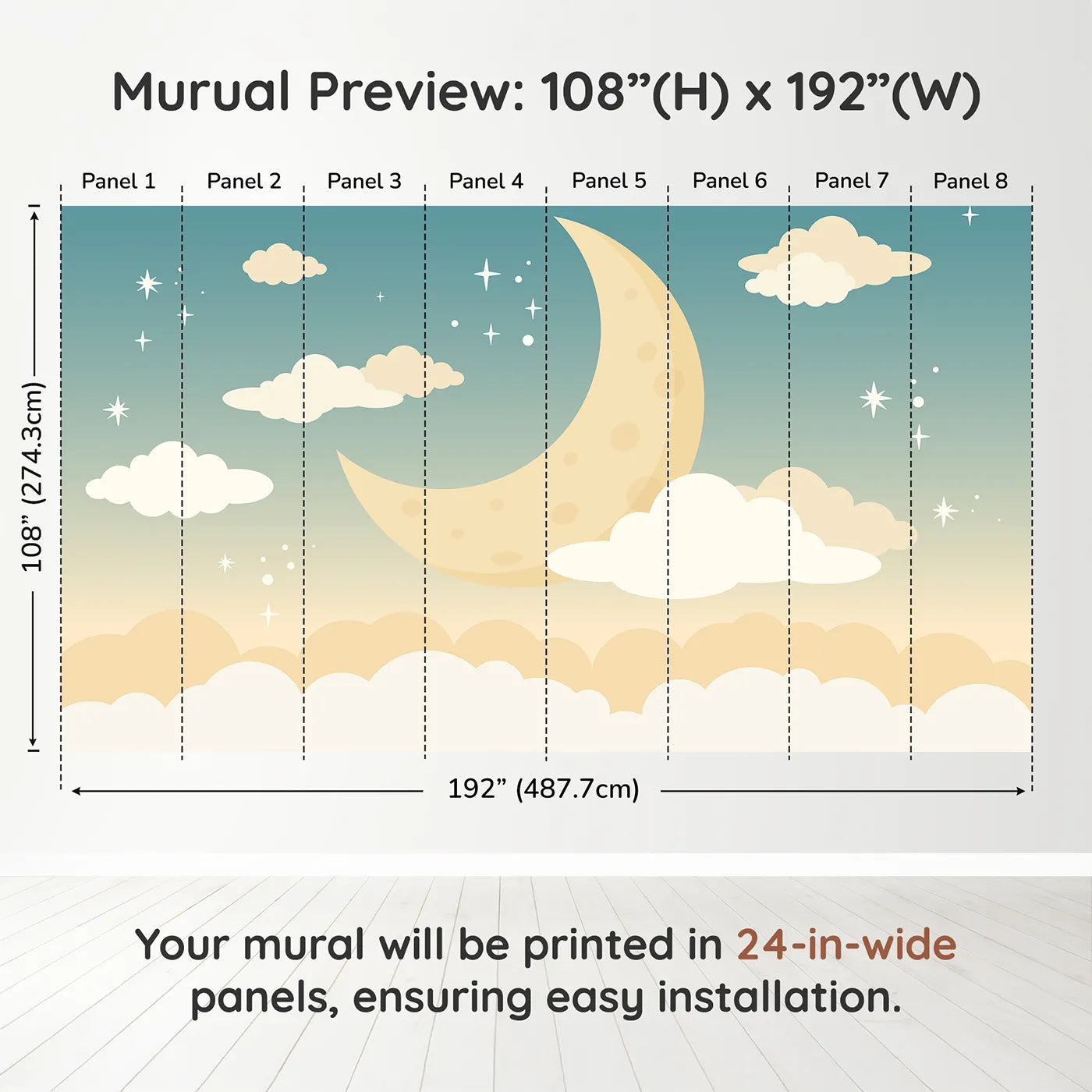 Whimsy Tots Night Sky Wall Muraldimension view (108" H x 192" W). Printed in eight 24-inch-wide panels. Gender-Neutral