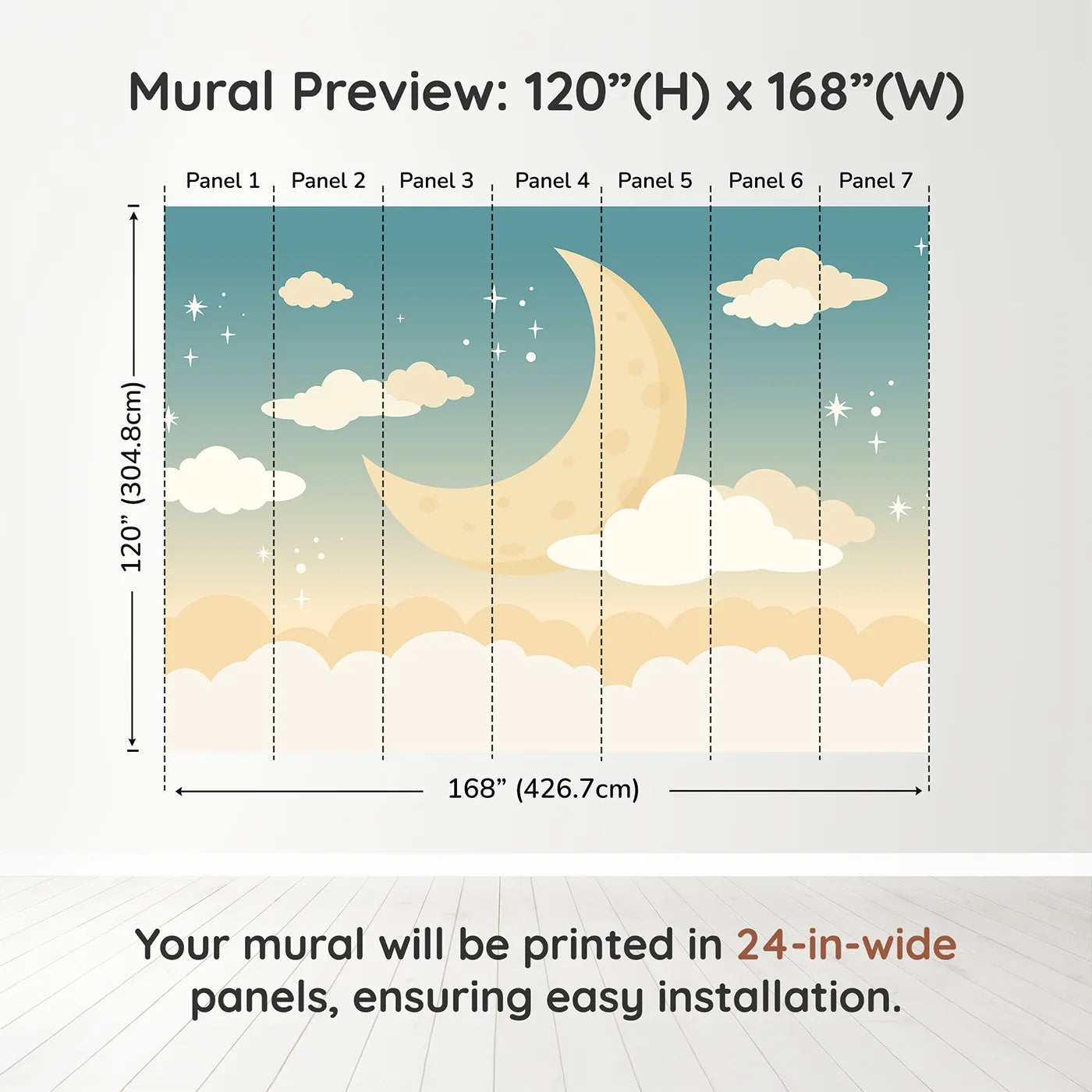 Whimsy Tots Night Sky Wall Muraldimension view (120" H x 168" W). Printed in seven 24-inch-wide panels. Gender-Neutral