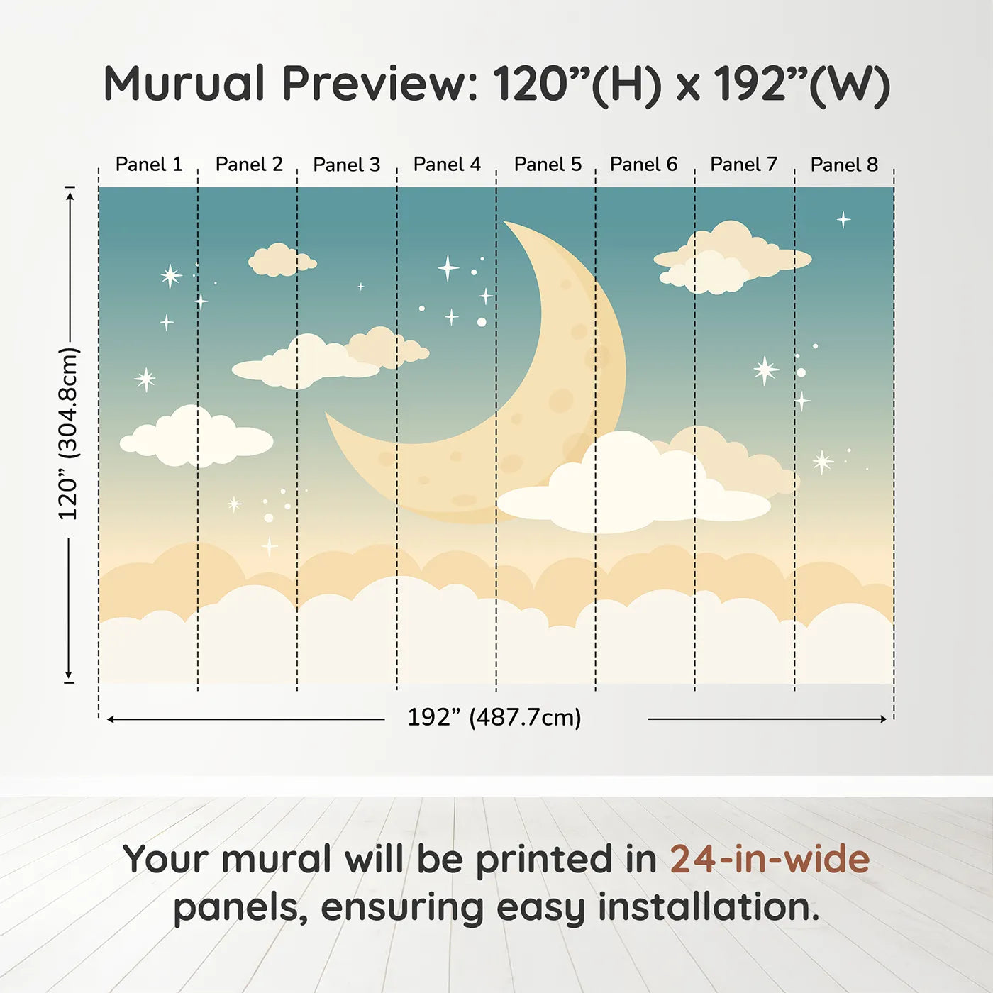 Whimsy Tots Night Sky Wall Muraldimension view (120" H x 192" W). Printed in eight 24-inch-wide panels. Gender-Neutral