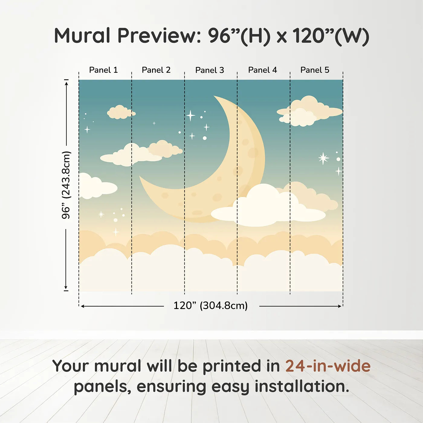 Whimsy Tots Night Sky Wall Muraldimension view (96" H x 120" W). Printed in five 24-inch-wide panels. Gender-Neutral