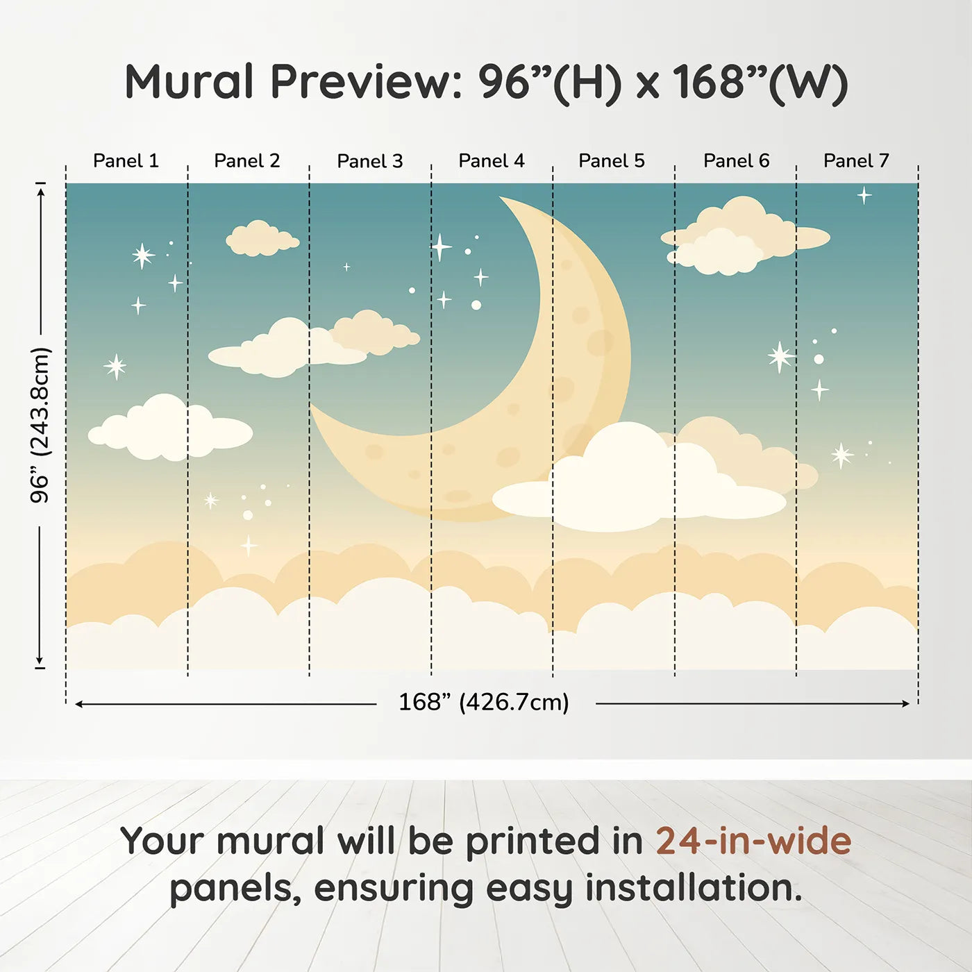 Whimsy Tots Night Sky Wall Muraldimension view (96" H x 168" W). Printed in seven 24-inch-wide panels. Gender-Neutral