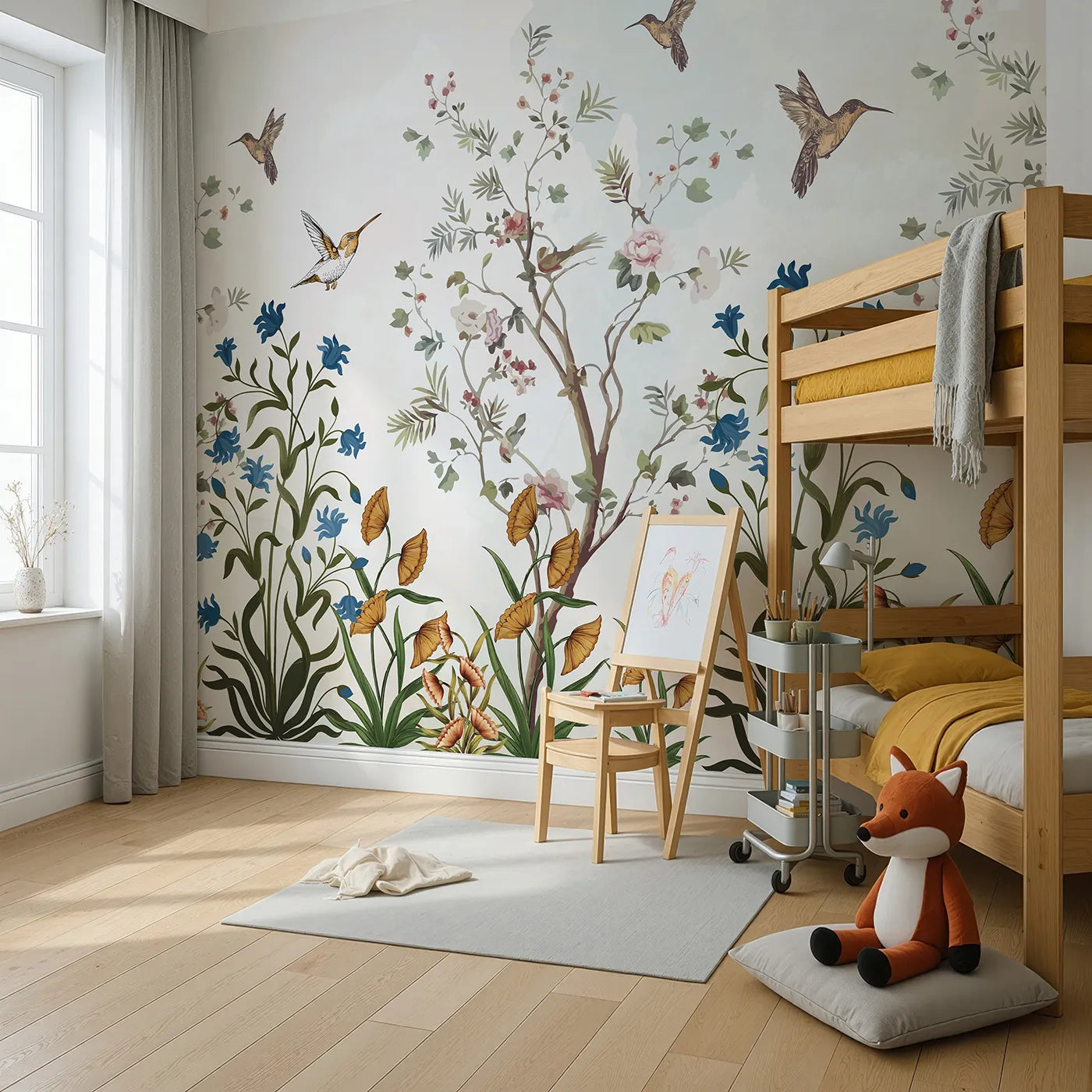 Angled view of Whimsy Tots' Chinoiserie Garden Wall Mural (Turn Their Room into an Elegant, Hand-Painted Paradise).Gender-Neutral
