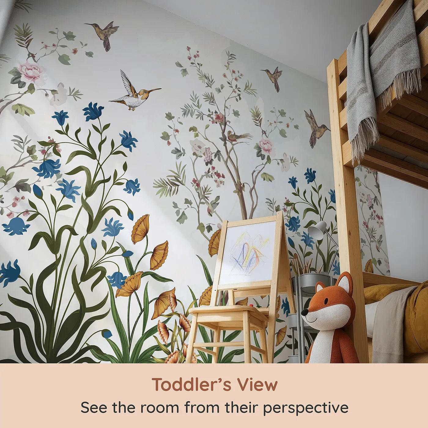 Whimsy Tots Chinoiserie Garden Wall Mural (Turn Their Room into an Elegant, Hand-Painted Paradise) from your child's view.Gender-Neutral