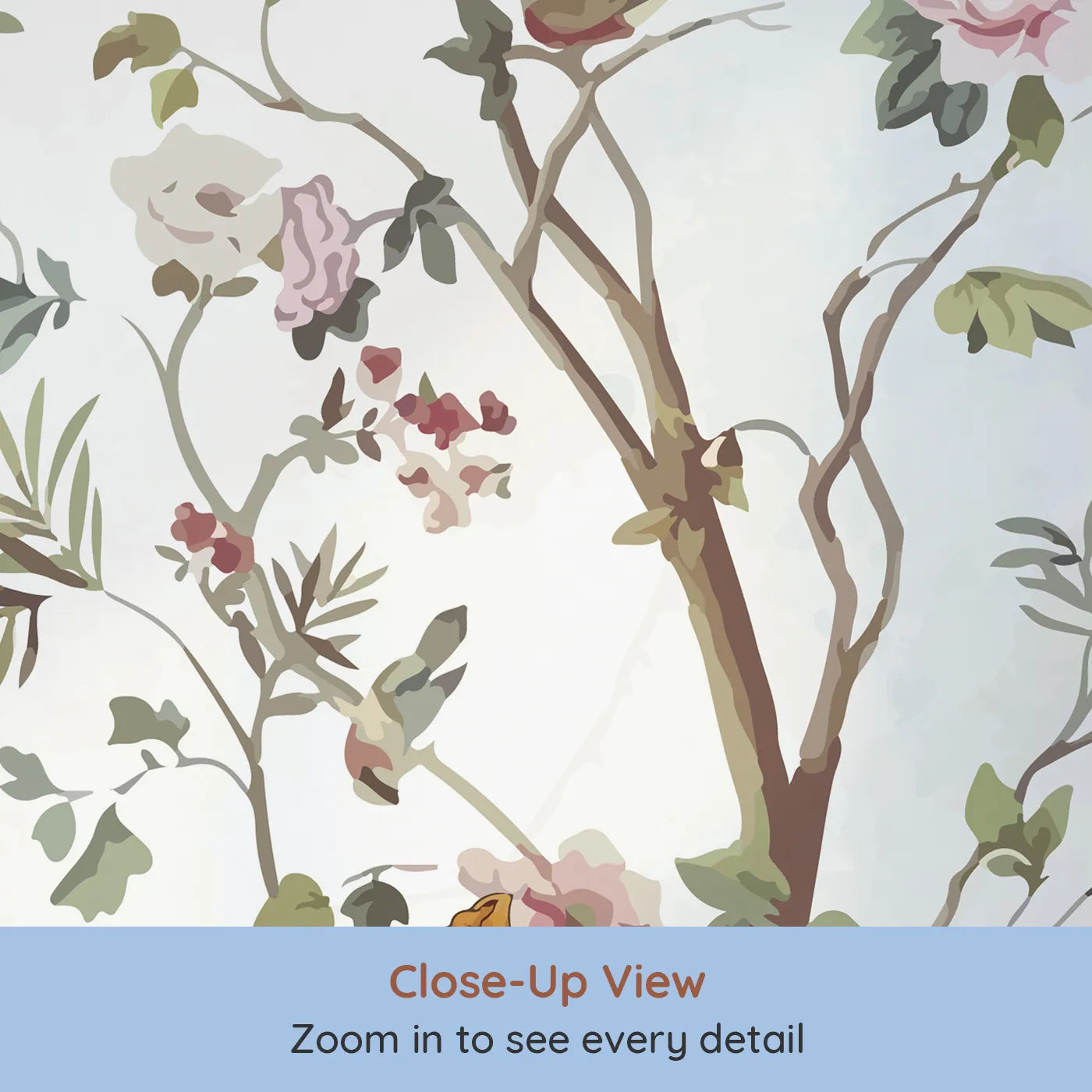 Close-up view of Whimsy Tots' Chinoiserie Garden Wall Mural (Turn Their Room into an Elegant, Hand-Painted Paradise).Gender-Neutral