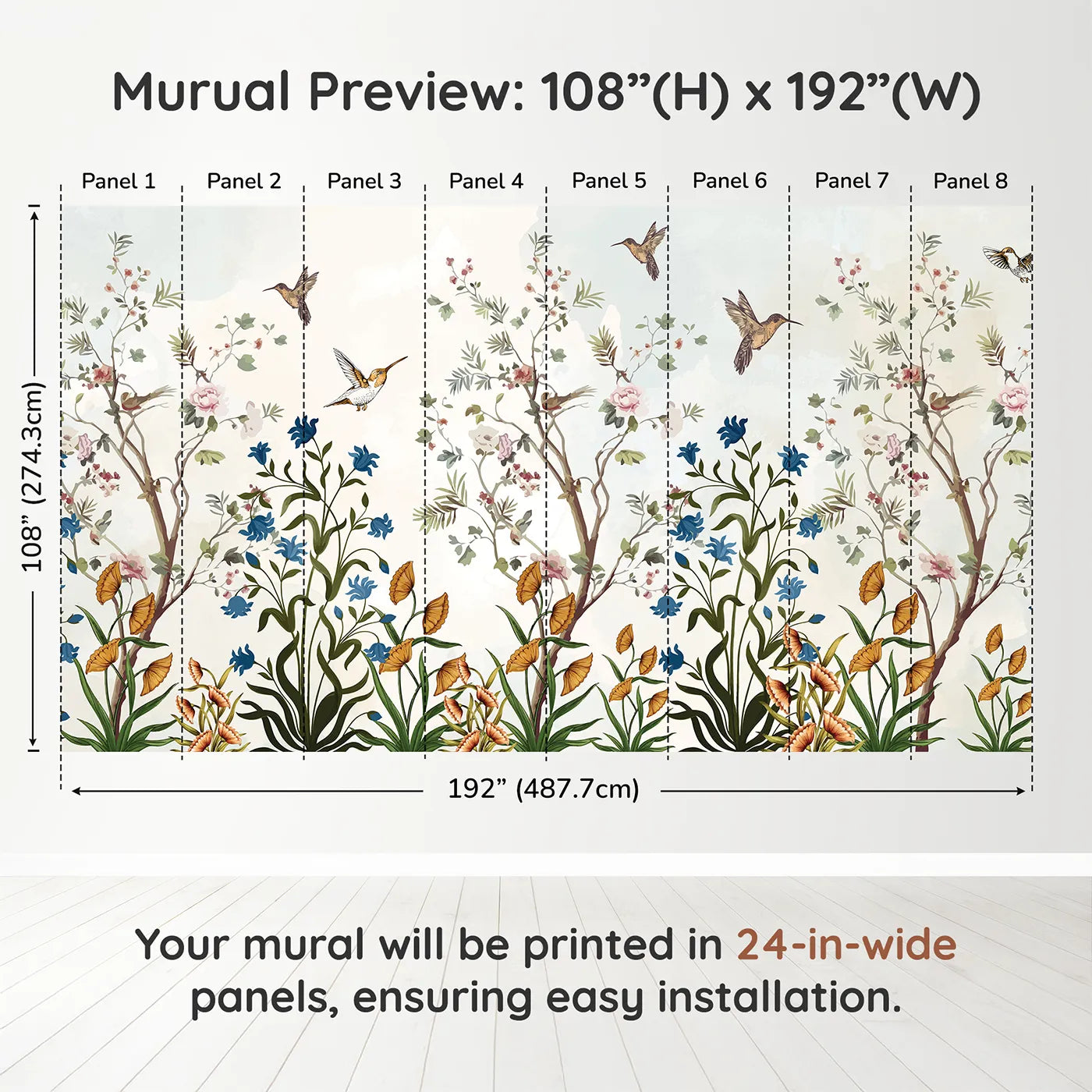 Whimsy Tots Chinoiserie Garden Wall Muraldimension view (108" H x 192" W). Printed in eight 24-inch-wide panels. Gender-Neutral