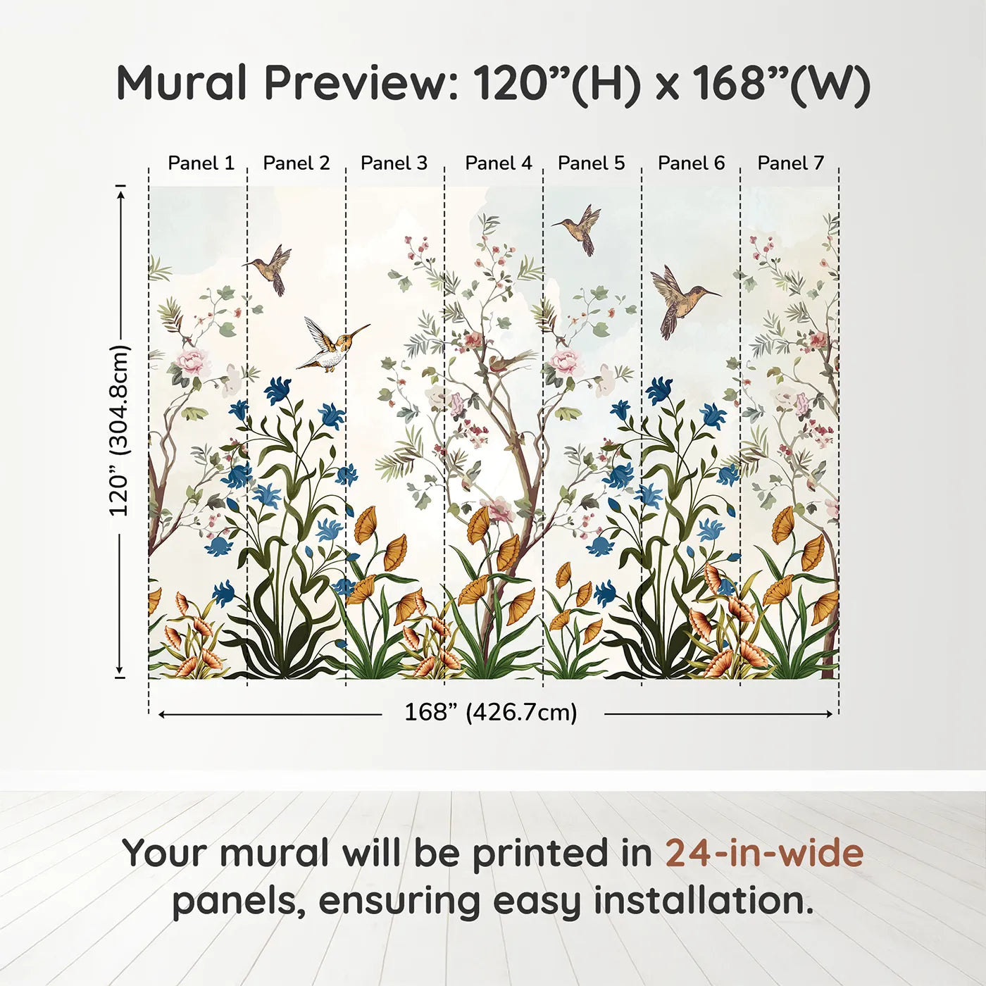 Whimsy Tots Chinoiserie Garden Wall Muraldimension view (120" H x 168" W). Printed in seven 24-inch-wide panels. Gender-Neutral