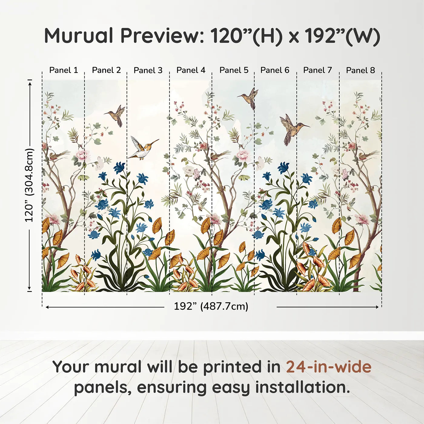 Whimsy Tots Chinoiserie Garden Wall Muraldimension view (120" H x 192" W). Printed in eight 24-inch-wide panels. Gender-Neutral