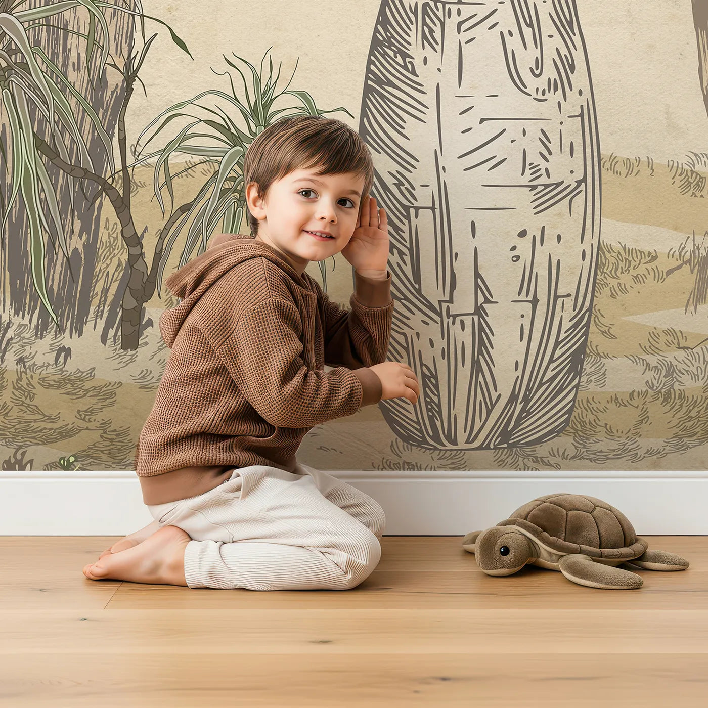 Child in front of Whimsy Tots Enchanted Baobab Grove Wall Mural with baobab, tree, vintage, sun, magic, fantasy, sketch, flower in design.