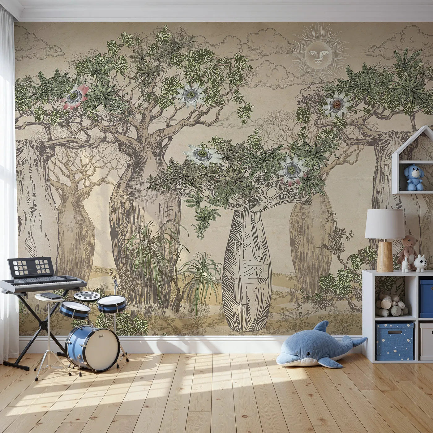 Front view of Whimsy Tots' Enchanted Baobab Grove Wall Mural