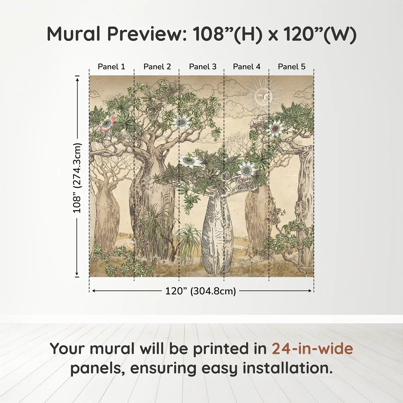 Whimsy Tots Enchanted Baobab Grove Wall Muraldimension view (108" H x 120" W). Printed in five 24-inch-wide panels. Gender-Neutral