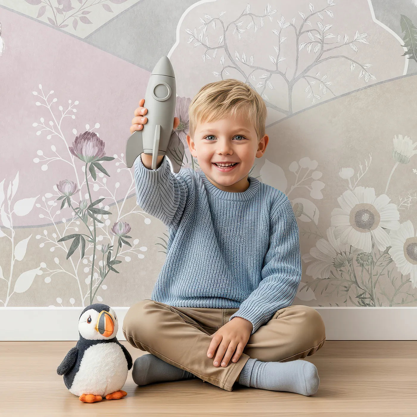 Child in front of Whimsy Tots Dusty Rose Woodland Wall Mural with woodland, animal, forest, pink, gray, deer, fox, misty in design.