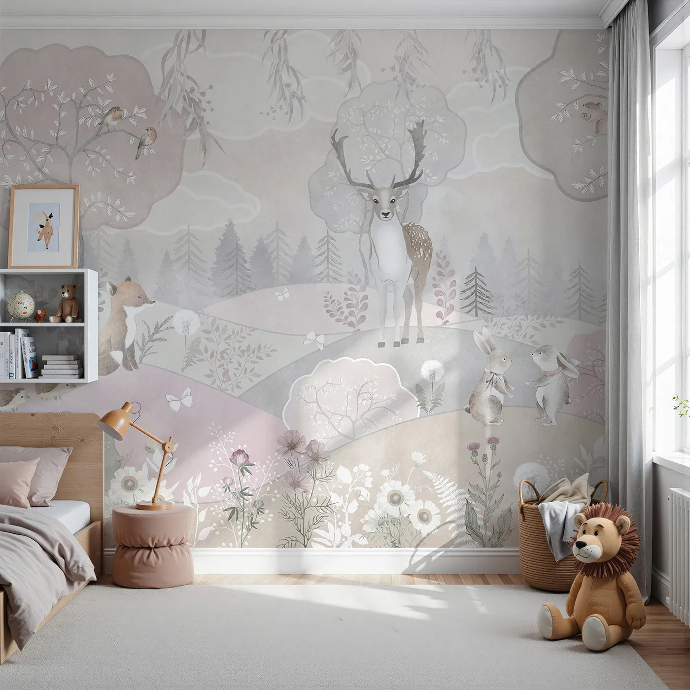 Front view of Whimsy Tots' Dusty Rose Woodland Wall Mural