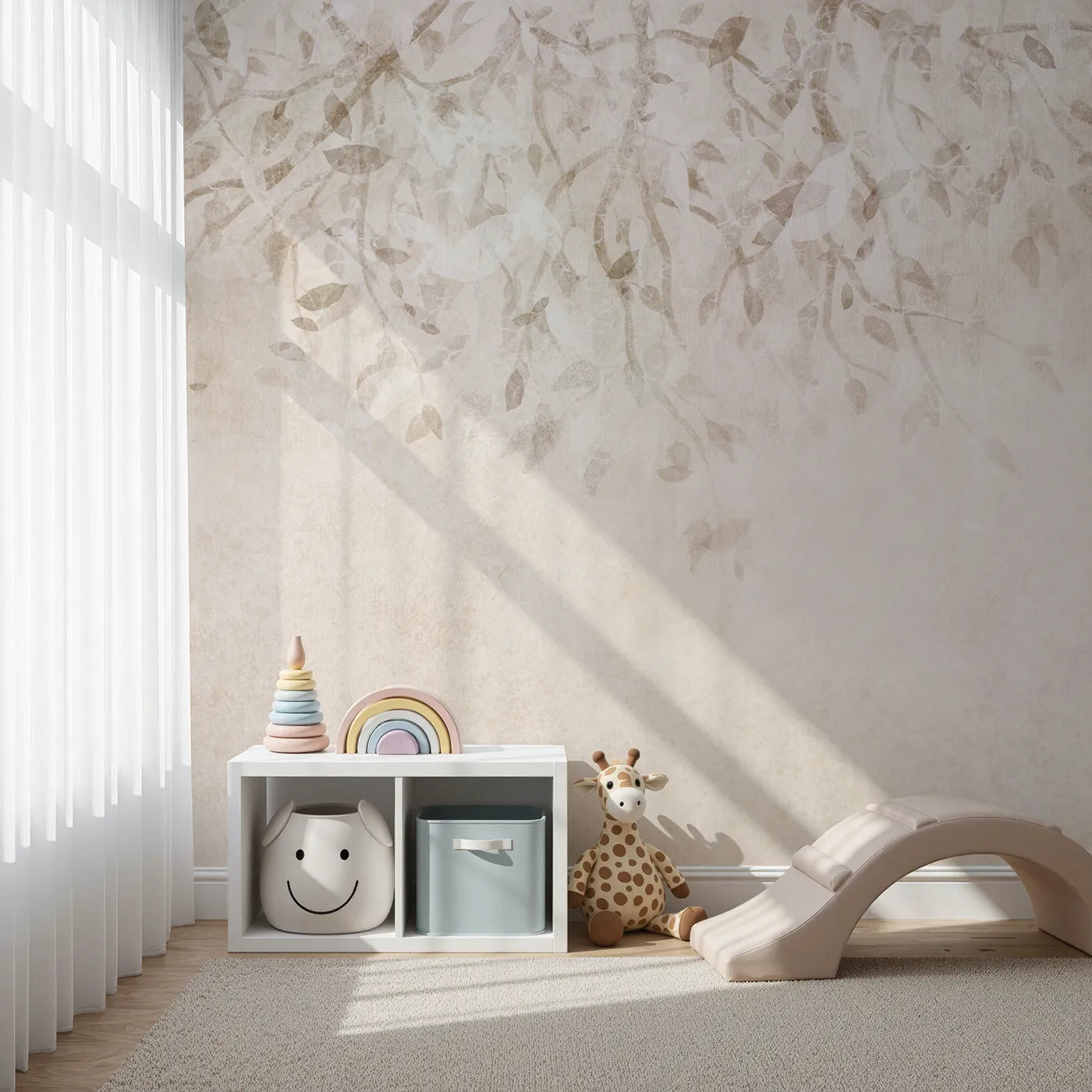 Front view of Whimsy Tots' Beige Leaf Canopy Wall Mural