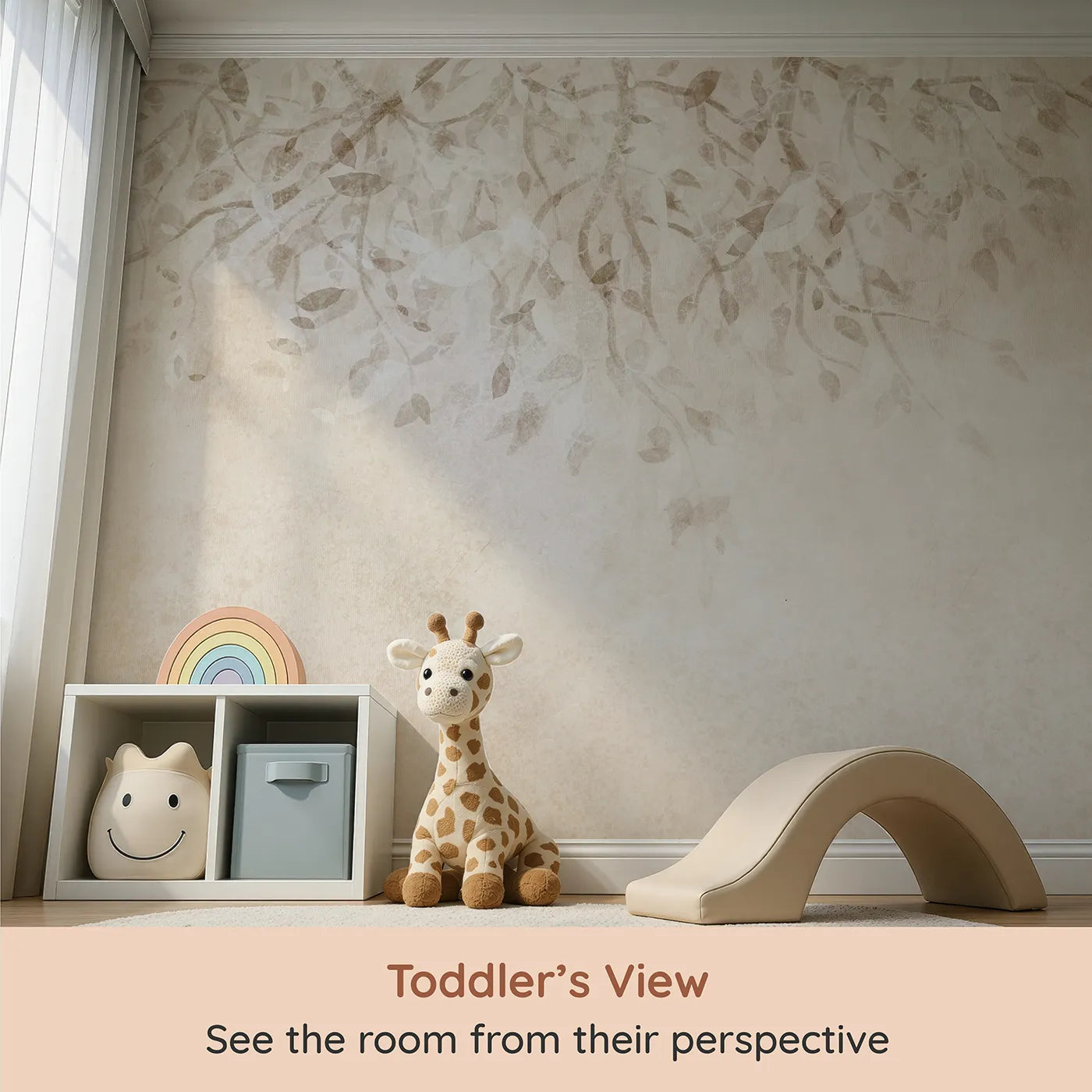 Whimsy Tots Beige Leaf Canopy Wall Mural (Turn Their Room into a Gentle, Sun-Drenched Hideaway) from your child's view.Gender-Neutral
