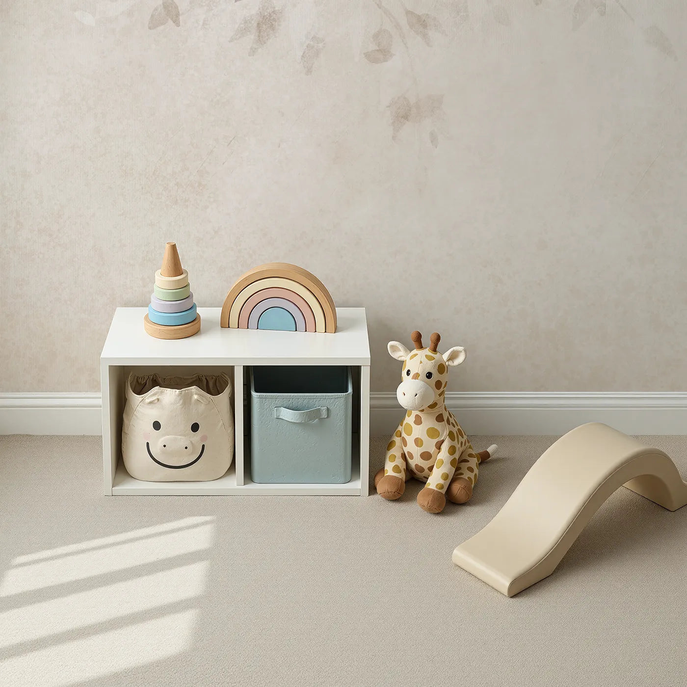 Top-down view of Whimsy Tots' Beige Leaf Canopy Wall Mural (Turn Their Room into a Gentle, Sun-Drenched Hideaway).Gender-Neutral