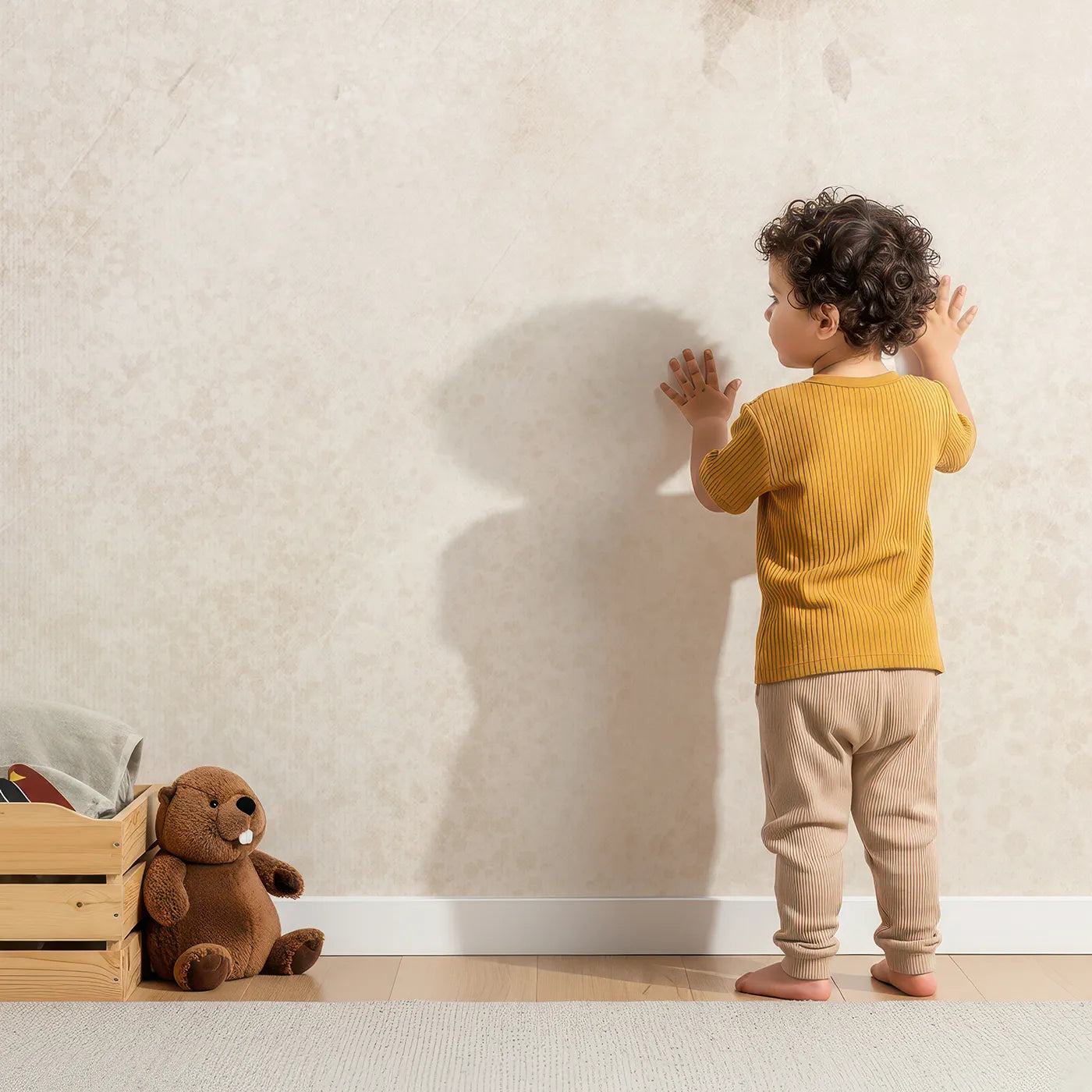 Child in front of Whimsy Tots Beige Leaf Canopy Wall Mural with leaf, canopy, abstract, beige, brown, modern, minimalist, nature in design.