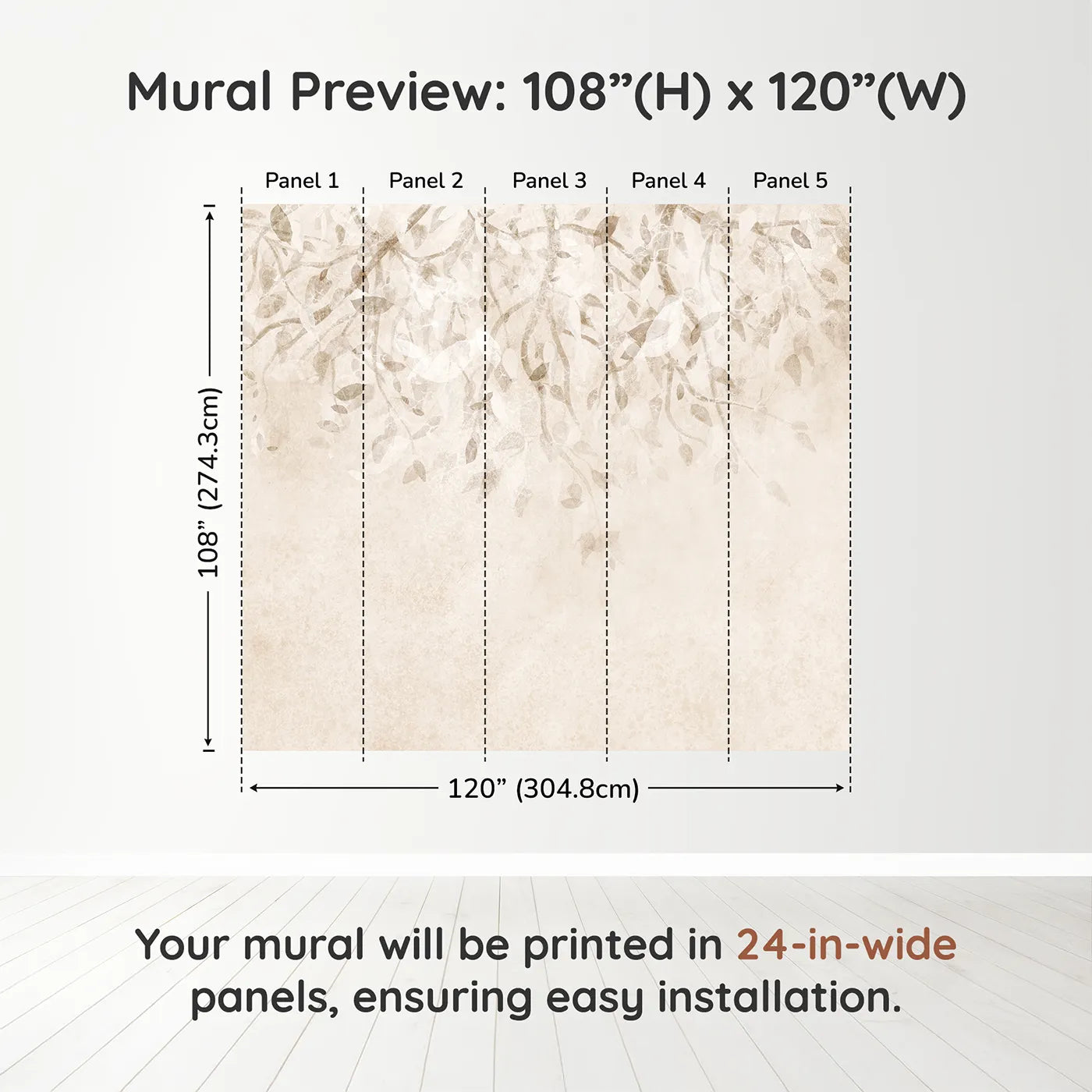 Whimsy Tots Beige Leaf Canopy Wall Muraldimension view (108" H x 120" W). Printed in five 24-inch-wide panels. Gender-Neutral