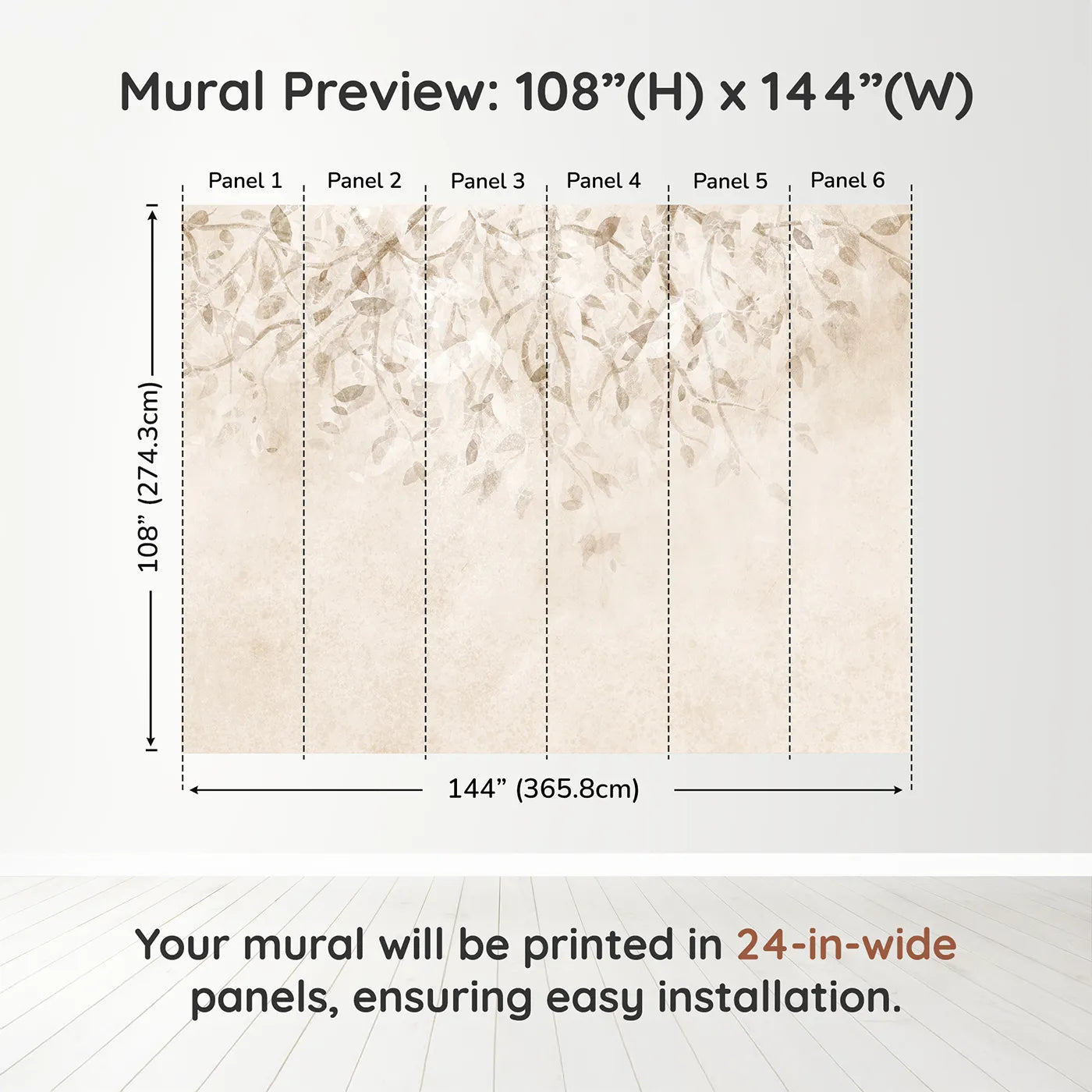 Whimsy Tots Beige Leaf Canopy Wall Muraldimension view (108" H x 144" W). Printed in six 24-inch-wide panels. Gender-Neutral