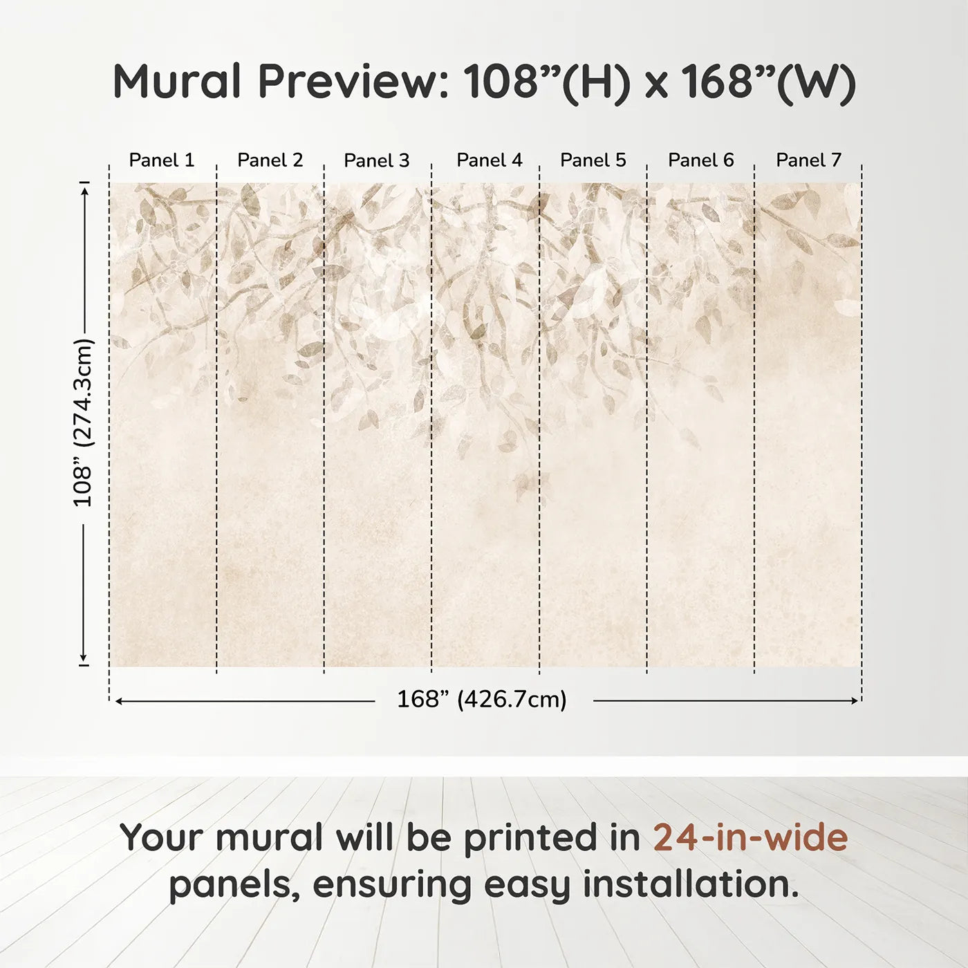 Whimsy Tots Beige Leaf Canopy Wall Muraldimension view (108" H x 168" W). Printed in seven 24-inch-wide panels. Gender-Neutral