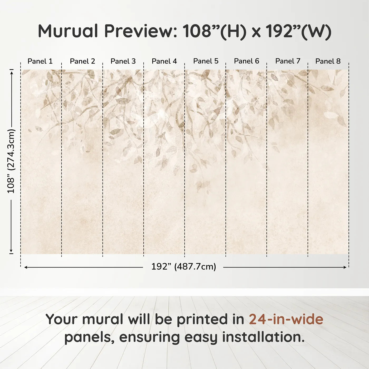 Whimsy Tots Beige Leaf Canopy Wall Muraldimension view (108" H x 192" W). Printed in eight 24-inch-wide panels. Gender-Neutral