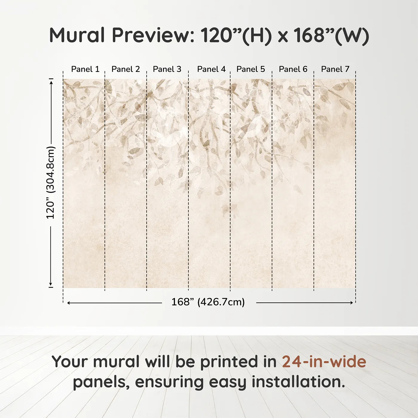 Whimsy Tots Beige Leaf Canopy Wall Muraldimension view (120" H x 168" W). Printed in seven 24-inch-wide panels. Gender-Neutral