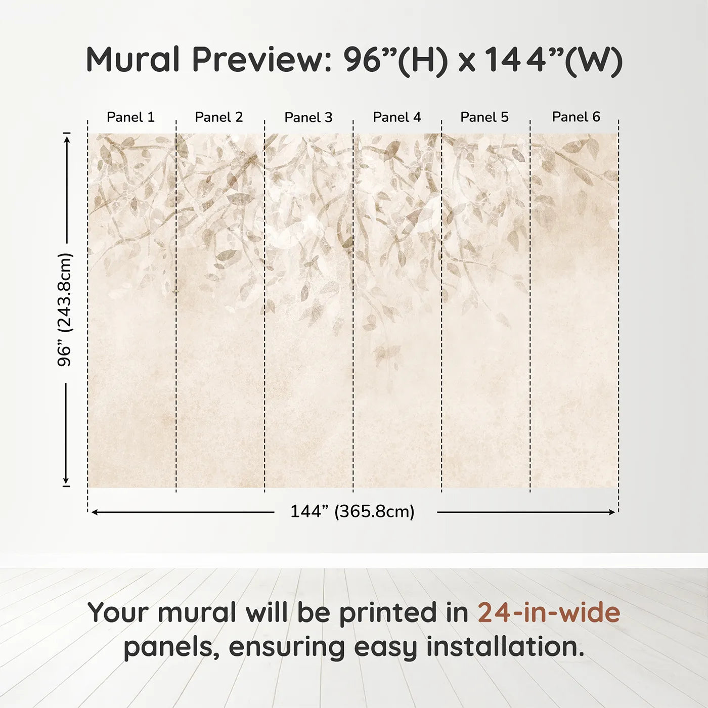 Whimsy Tots Beige Leaf Canopy Wall Muraldimension view (96" H x 144" W). Printed in six 24-inch-wide panels. Gender-Neutral