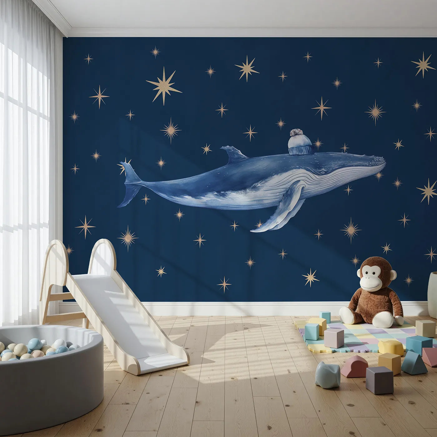 Front view of Whimsy Tots' Starry Whale Wall Mural