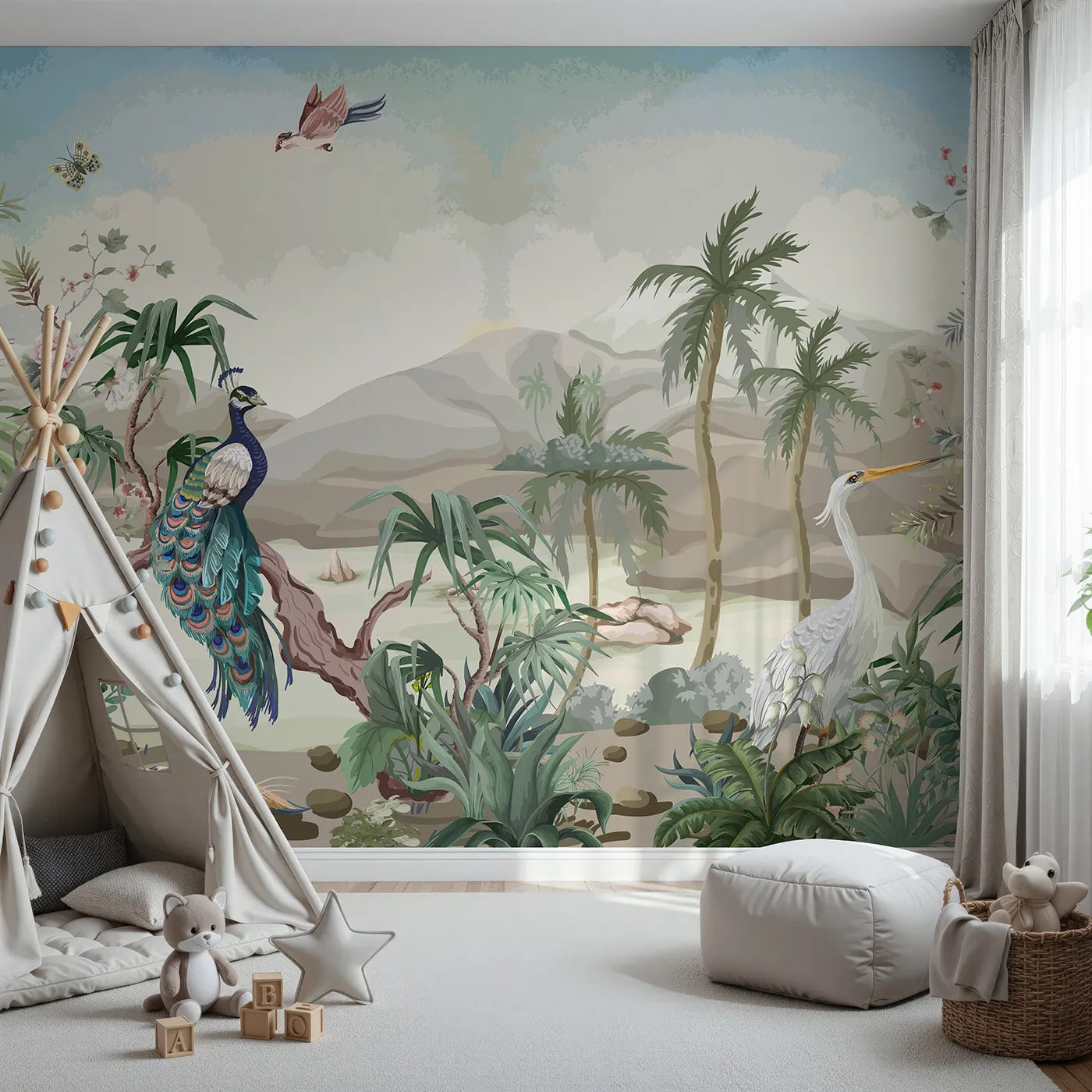 Front view of Whimsy Tots' Exotic Bird Garden Wall Mural