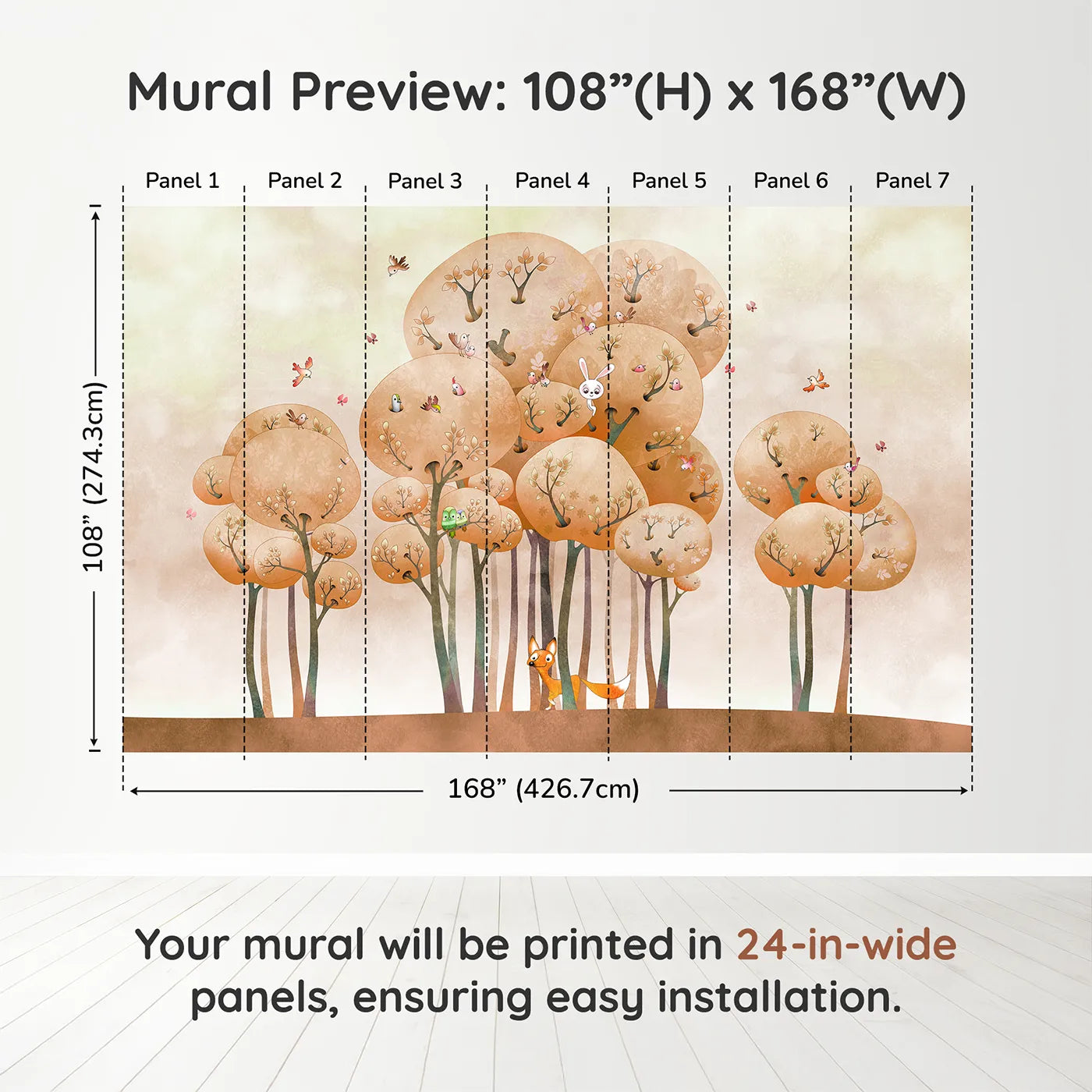Whimsy Tots Whimsical Autumn Forest Wall Muraldimension view (108" H x 168" W). Printed in seven 24-inch-wide panels. Gender-Neutral