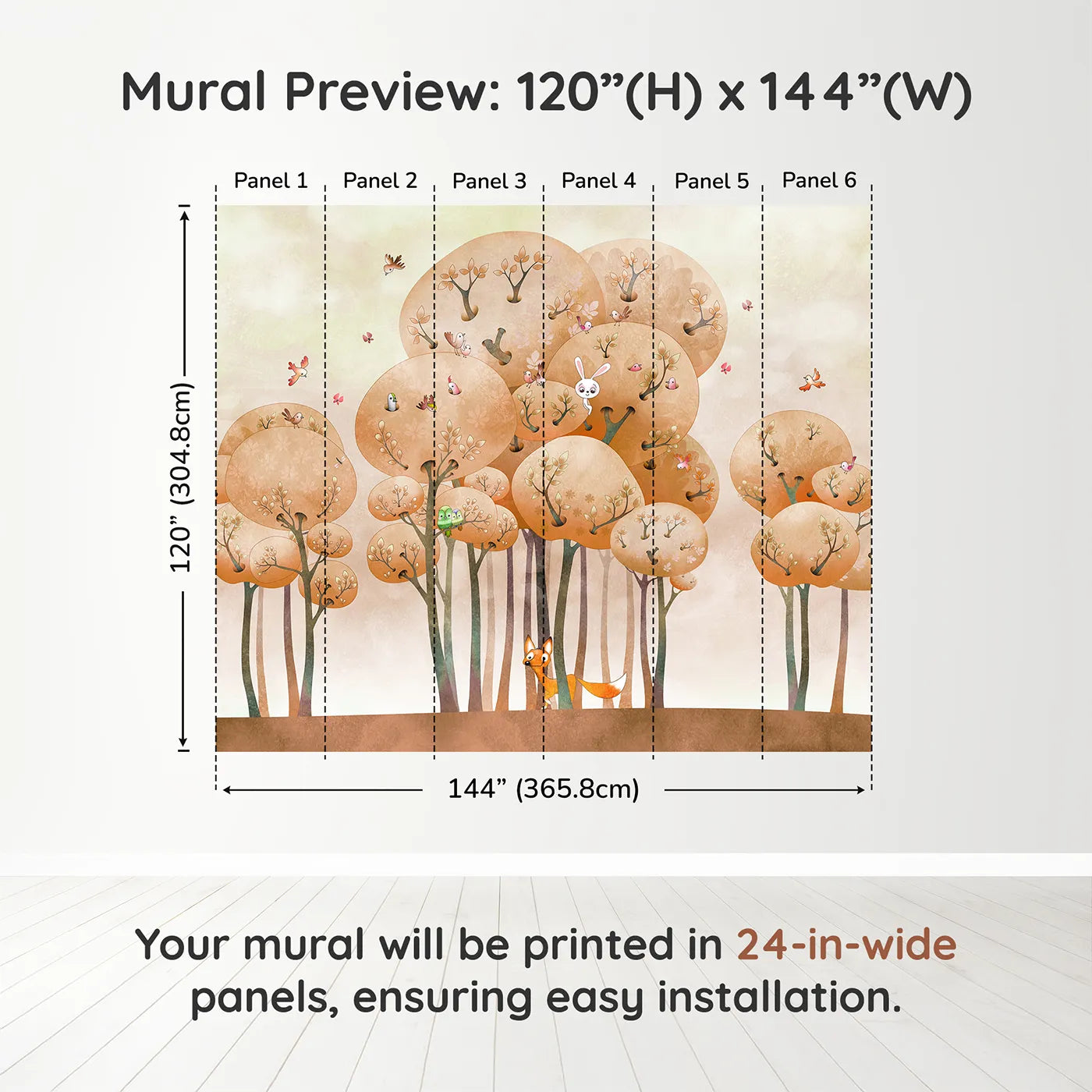 Whimsy Tots Whimsical Autumn Forest Wall Muraldimension view (120" H x 144" W). Printed in six 24-inch-wide panels. Gender-Neutral