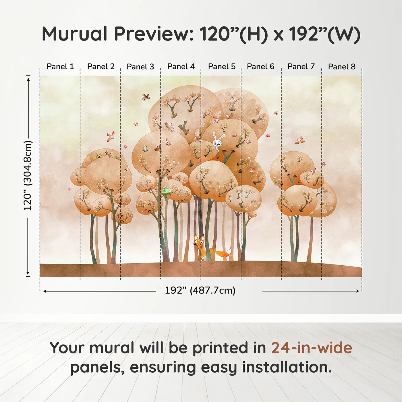 Whimsy Tots Whimsical Autumn Forest Wall Muraldimension view (120" H x 192" W). Printed in eight 24-inch-wide panels. Gender-Neutral