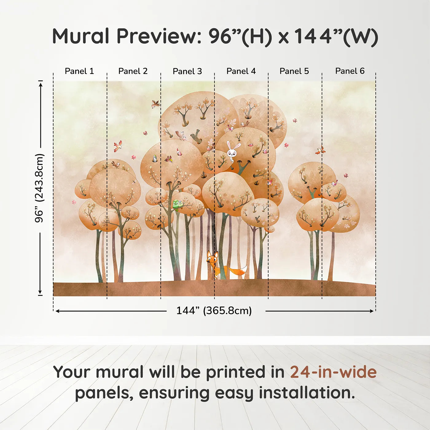 Whimsy Tots Whimsical Autumn Forest Wall Muraldimension view (96" H x 144" W). Printed in six 24-inch-wide panels. Gender-Neutral