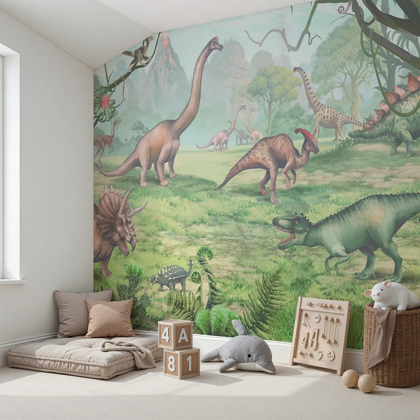 Angled view of Whimsy Tots' Prehistoric Valley Wall Mural (Turn Their Room into a Lush and Vibrant Dinosaur World).Gender-Neutral