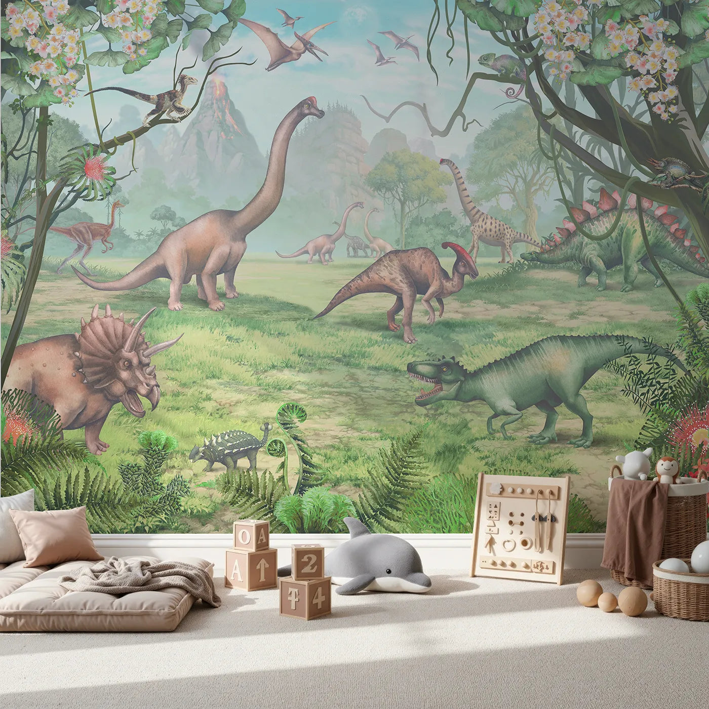 Front view of Whimsy Tots' Prehistoric Valley Wall Mural