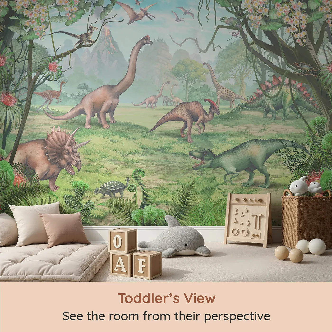 Whimsy Tots Prehistoric Valley Wall Mural (Turn Their Room into a Lush and Vibrant Dinosaur World) from your child's view.Gender-Neutral