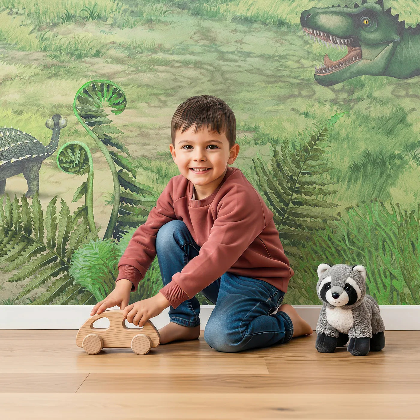 Child in front of Whimsy Tots Prehistoric Valley Wall Mural with dinosaur, prehistoric, realistic, jungle, volcano, landscape, t-rex, brachiosaurus in design.