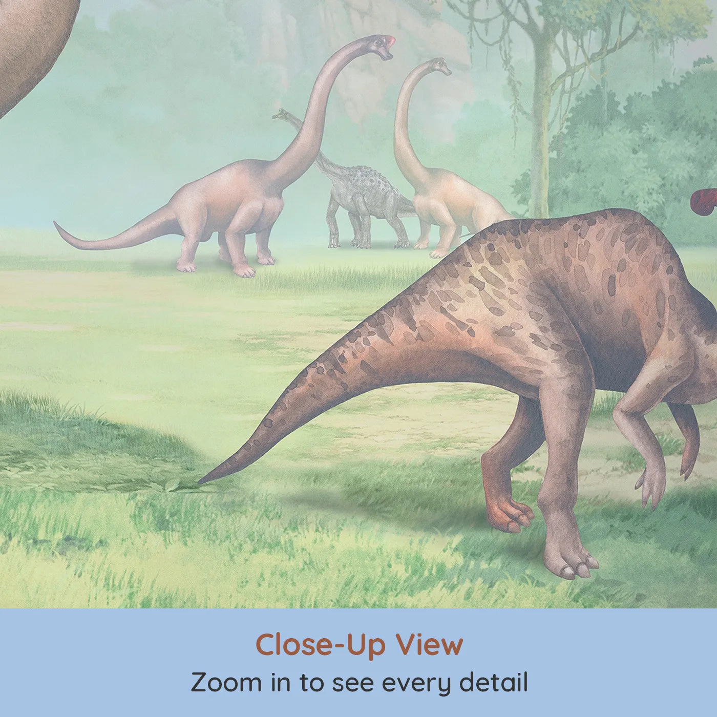 Close-up view of Whimsy Tots' Prehistoric Valley Wall Mural (Turn Their Room into a Lush and Vibrant Dinosaur World).Gender-Neutral