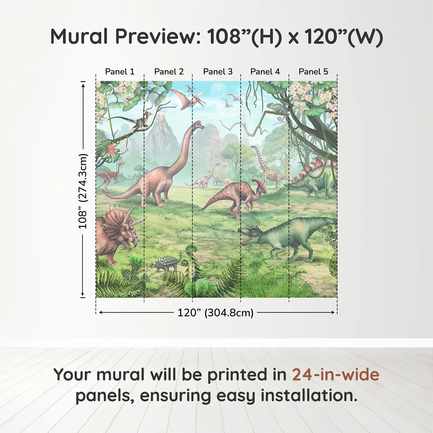 Whimsy Tots Prehistoric Valley Wall Muraldimension view (108" H x 120" W). Printed in five 24-inch-wide panels. Gender-Neutral