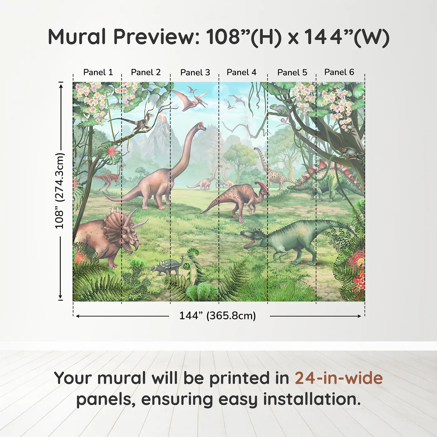 Whimsy Tots Prehistoric Valley Wall Muraldimension view (108" H x 144" W). Printed in six 24-inch-wide panels. Gender-Neutral