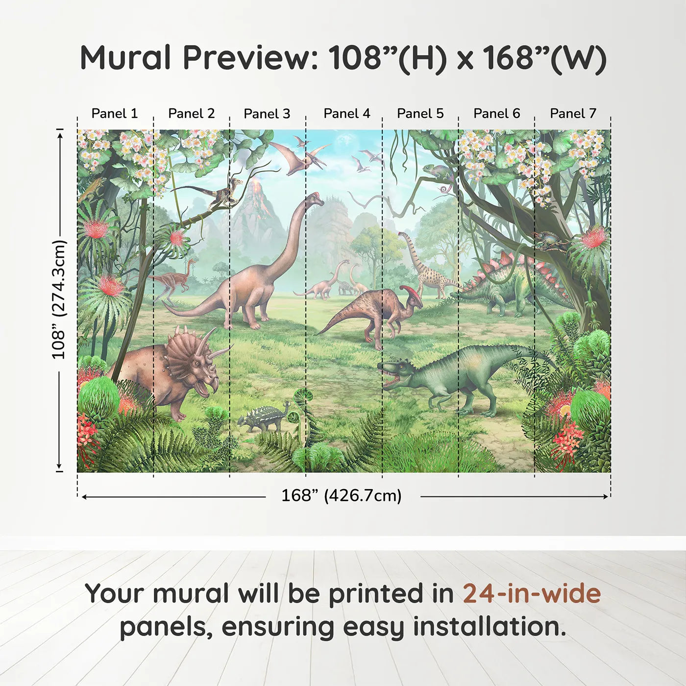 Whimsy Tots Prehistoric Valley Wall Muraldimension view (108" H x 168" W). Printed in seven 24-inch-wide panels. Gender-Neutral
