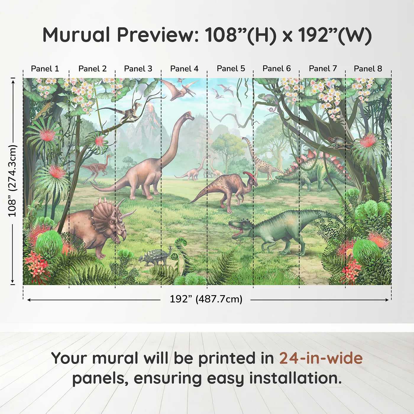 Whimsy Tots Prehistoric Valley Wall Muraldimension view (108" H x 192" W). Printed in eight 24-inch-wide panels. Gender-Neutral