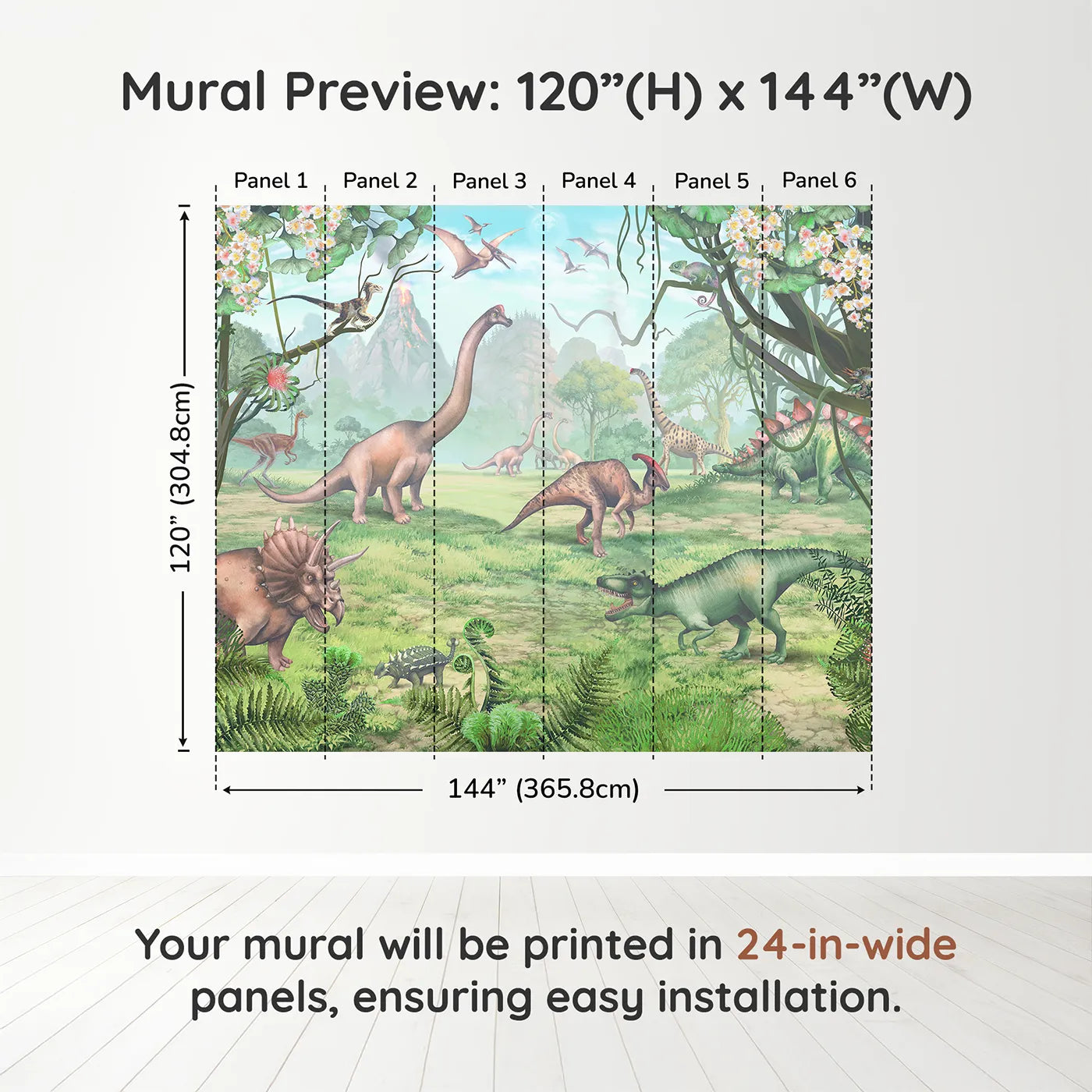 Whimsy Tots Prehistoric Valley Wall Muraldimension view (120" H x 144" W). Printed in six 24-inch-wide panels. Gender-Neutral