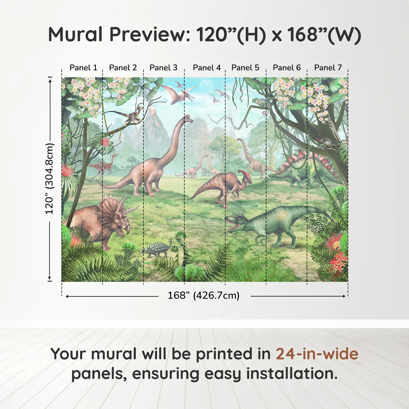 Whimsy Tots Prehistoric Valley Wall Muraldimension view (120" H x 168" W). Printed in seven 24-inch-wide panels. Gender-Neutral