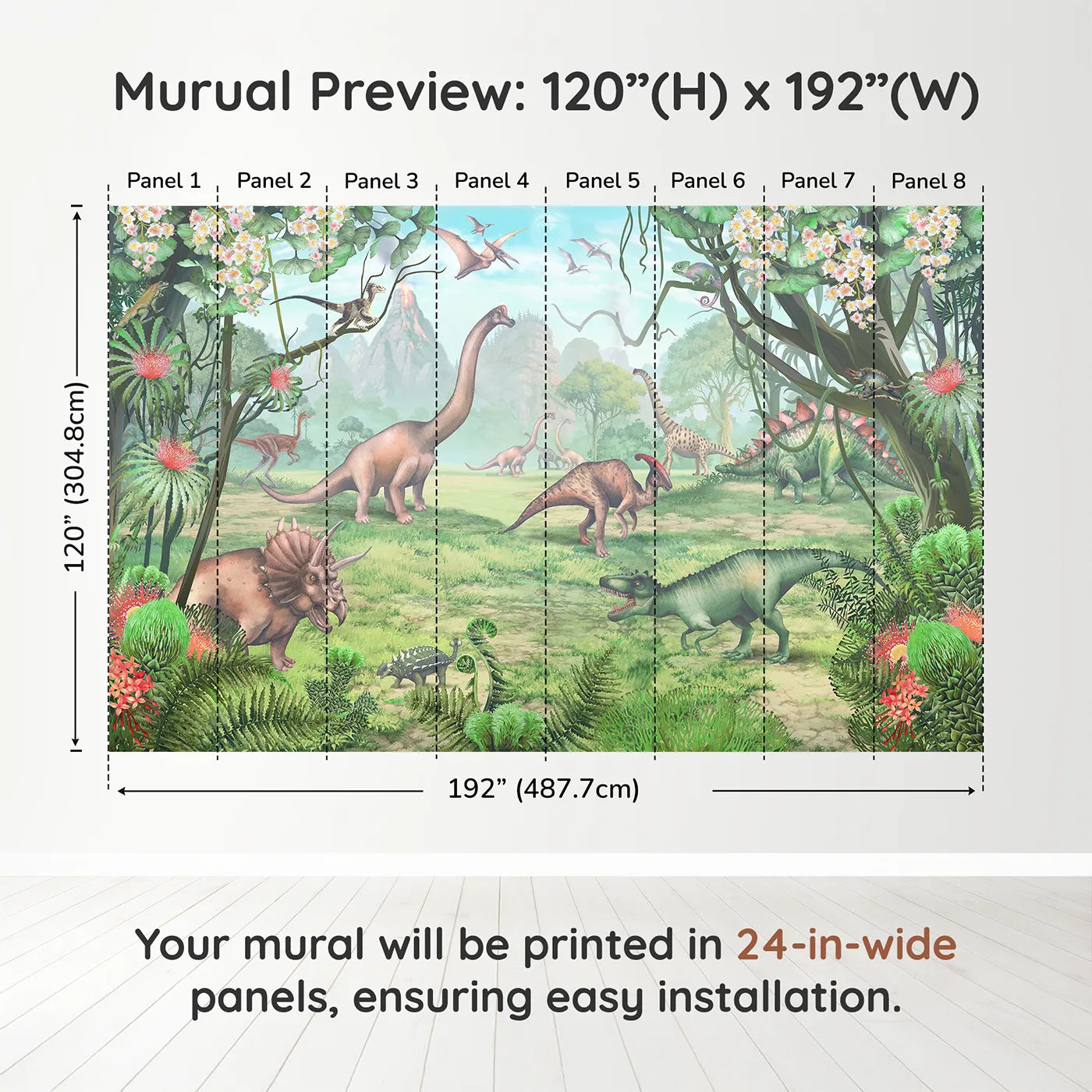 Whimsy Tots Prehistoric Valley Wall Muraldimension view (120" H x 192" W). Printed in eight 24-inch-wide panels. Gender-Neutral