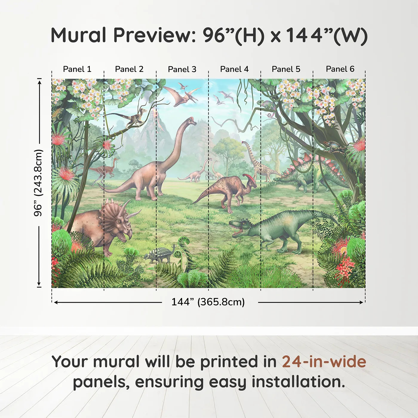 Whimsy Tots Prehistoric Valley Wall Muraldimension view (96" H x 144" W). Printed in six 24-inch-wide panels. Gender-Neutral