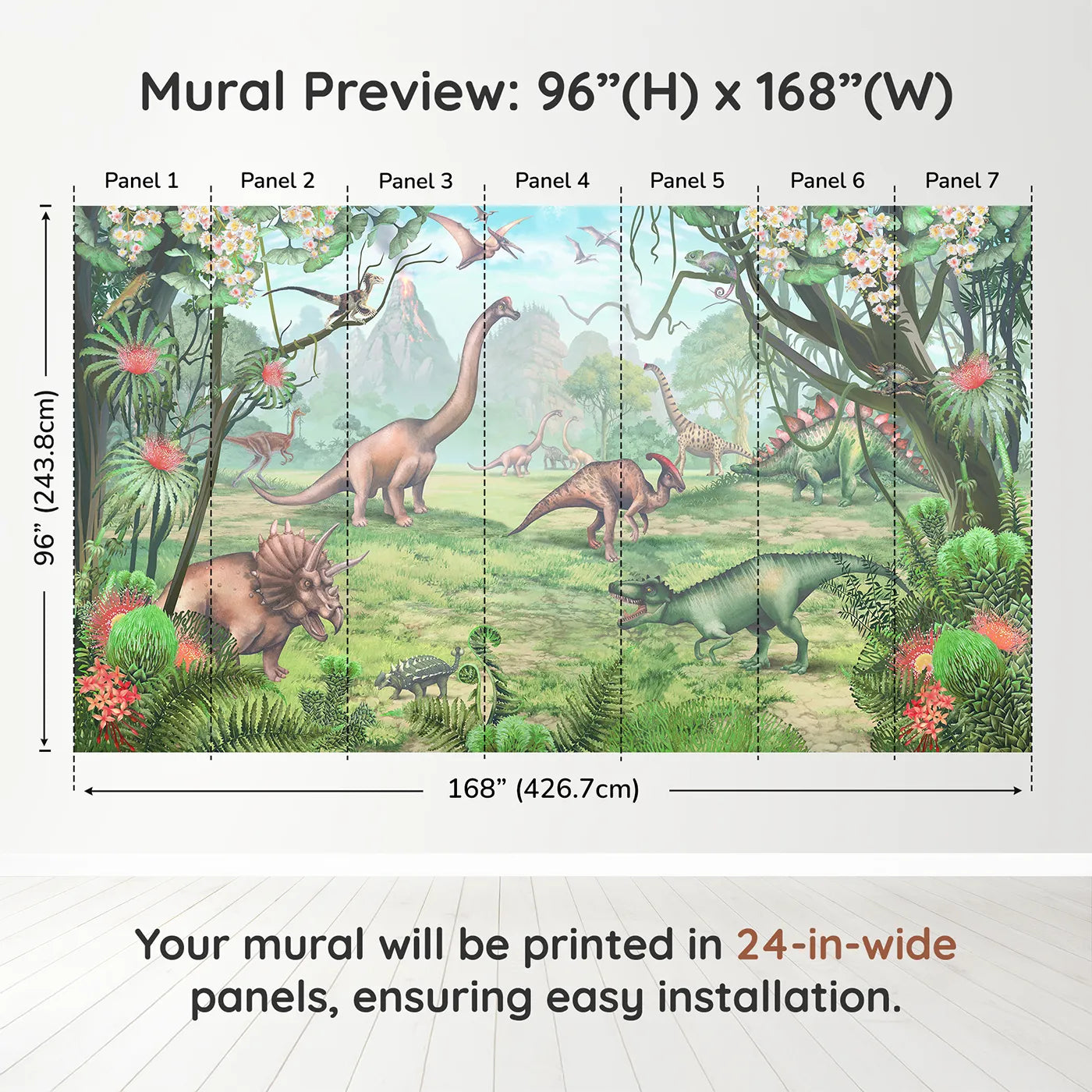 Whimsy Tots Prehistoric Valley Wall Muraldimension view (96" H x 168" W). Printed in seven 24-inch-wide panels. Gender-Neutral