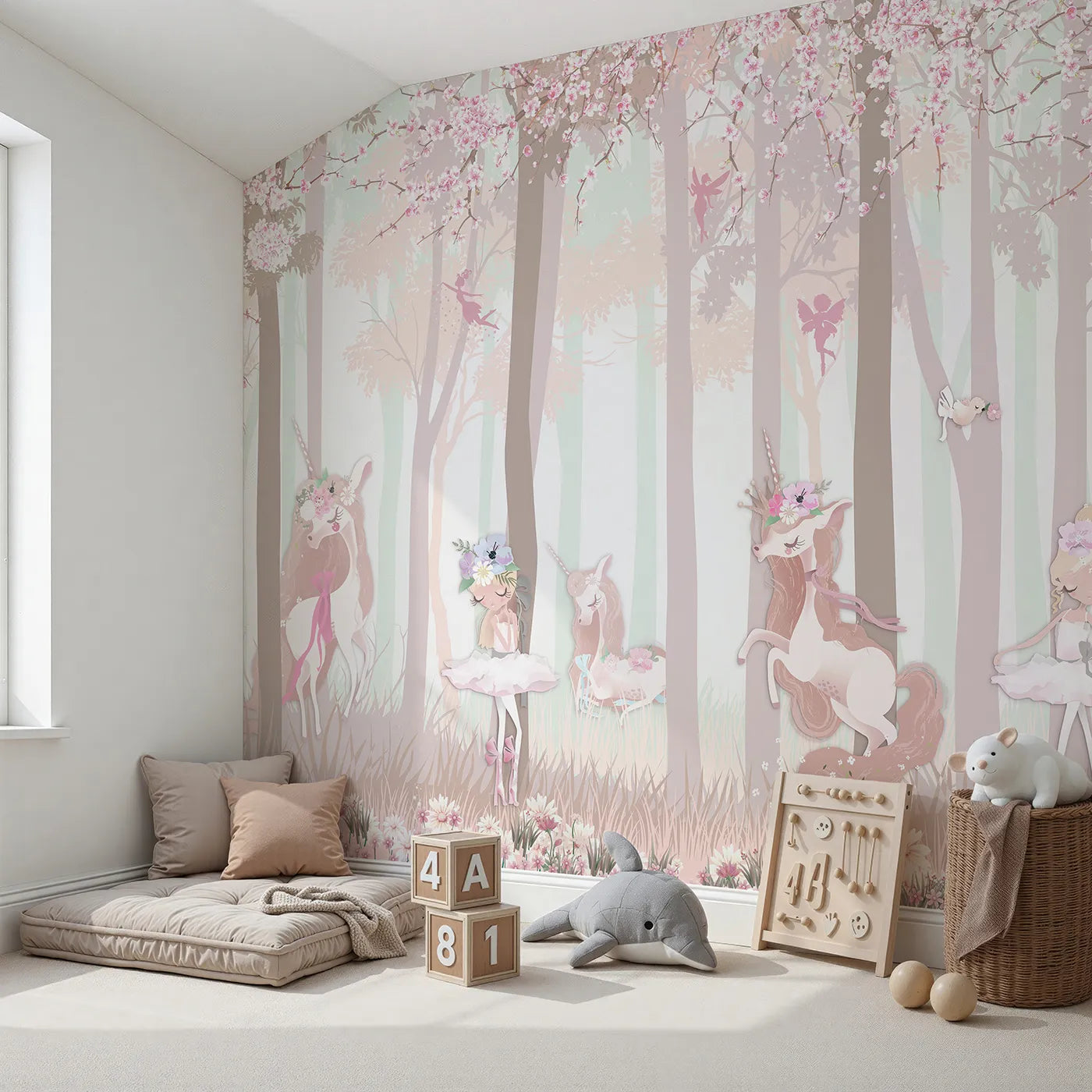 Angled view of Whimsy Tots' Unicorn Blossom Forest Wall Mural (Turn Their Room into an Enchanted, Fairytale Woodland).Best for Girls