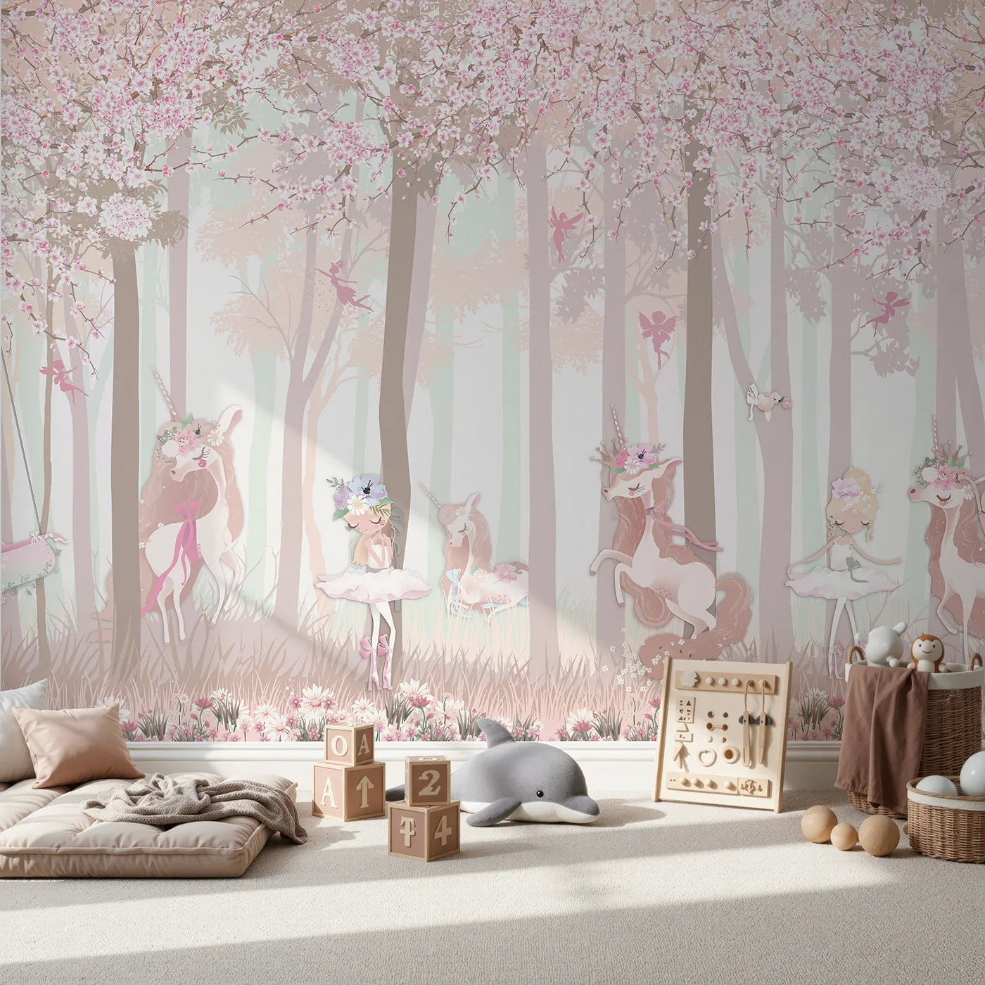 Front view of Whimsy Tots' Unicorn Blossom Forest Wall Mural