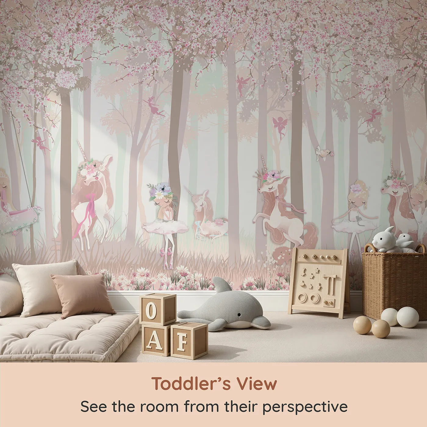 Whimsy Tots Unicorn Blossom Forest Wall Mural (Turn Their Room into an Enchanted, Fairytale Woodland) from your child's view.Best for Girls